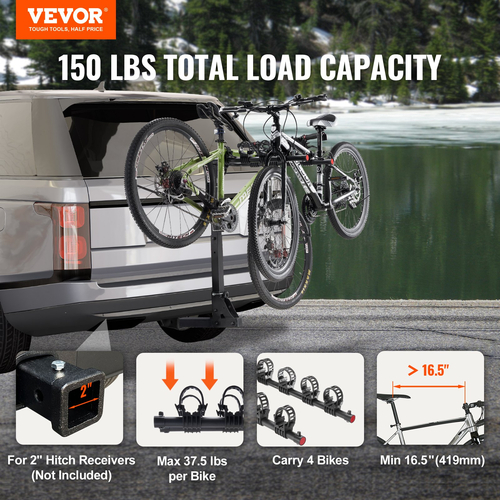 Βάση ποδηλάτου VEVOR Hitch, 4-Bike Carrier Rack, 150 LBS Bike Rack Hitch για δέκτη 2 ιντσών, με τίτλο και αναδιπλούμενο φορέα ποδηλάτου με μπουλόνι U ​​No-Wobble και ιμάντα, για αυτοκίνητο, SUV, Truck, RV, Ορθογώνια διασύνδεση