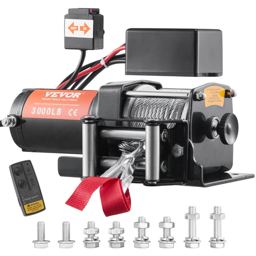 VEVOR Electric Winch, 12V 3000 lb Load Capacity Steel Rope Winch, IP55 3/16” x 39ft ATV UTV Winch with Wireless Handheld Remote &amp; 4-Way Fairlead for Towing Jeep Off-Road Truck Car Trailer Boat