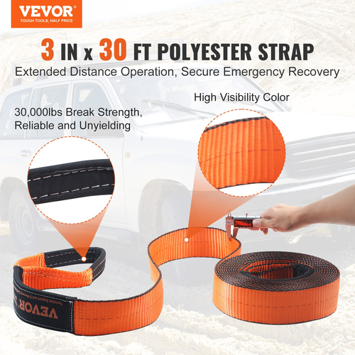 VEVOR Off-Road Recovery Kit, 3&quot; x 30&#039;, Heavy Duty Winch Recovery Kit με ιμάντα ρυμούλκησης 30.000 lbs, δεσμίδες D-ring 44.092 lbs, δέκτη δεσμών και τσάντα αποθήκευσης, για ATV, Jeephi, Off-Road