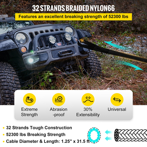 VEVOR 1-1/4&quot; x 31,5&#039; Kinetic Recovery &amp; Tow Rope, 52.300 lbs, Heavy Duty Nylon Double Braided Speed ​​Kinetic Energy, for Truck Off-Road Vehicle ATV UTV, Carry Bag Included, Black