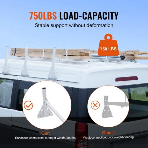 VEVOR Van Roof Ladder Rack, Σχάρες σκάλας από κράμα χάλυβα 3 Bar με πώματα σκάλας, χωρητικότητα 340 kg, Ρυθμιζόμενες σχάρες οροφής για φορτηγά πλήρους μεγέθους με υδρορροές βροχής, συμβατές με Chevrolet Express κ.λπ.