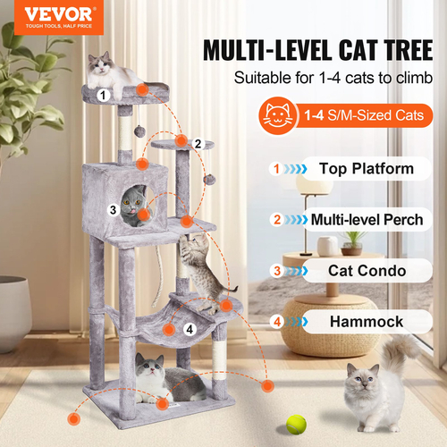 VEVOR Cat Tree 56,2&quot; Cat Tower with Cat Condo Sisal Scratching Post Ανοιχτό Γκρι
