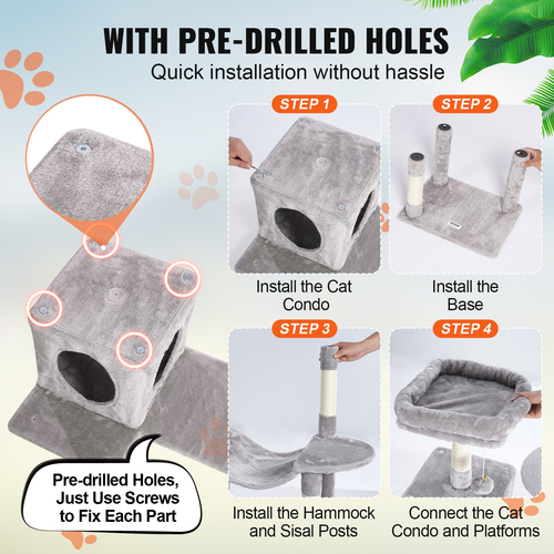 VEVOR Cat Tree 56,2&quot; Cat Tower with Cat Condo Sisal Scratching Post Ανοιχτό Γκρι
