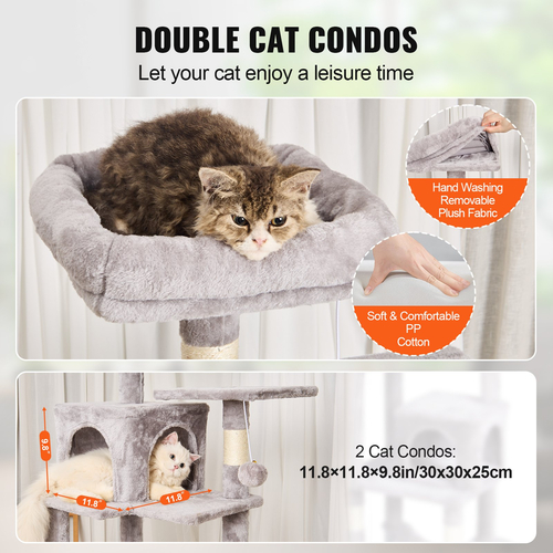 VEVOR Cat Tree 63&quot; Cat Tower with 2 Cat Condos Sisal Scratching Post Ανοιχτό γκρι