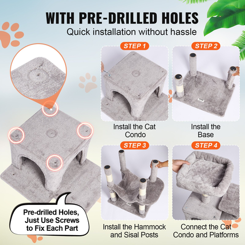 VEVOR Cat Tree 63&quot; Cat Tower with 2 Cat Condos Sisal Scratching Post Ανοιχτό γκρι