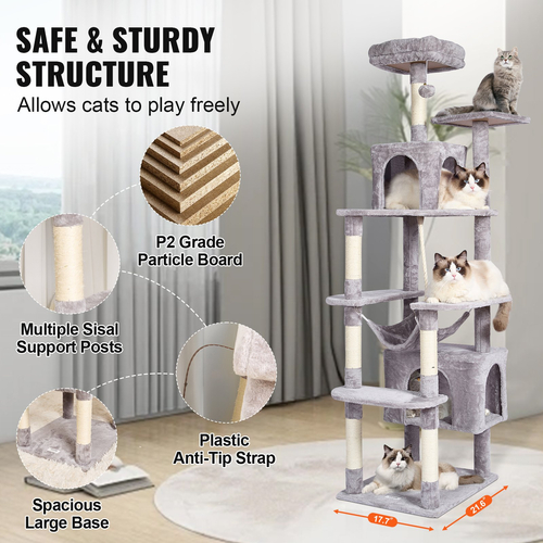 VEVOR Cat Tree 72&quot; Cat Tower with 2 Cat Condos Sisal Scratching Post Ανοιχτό γκρι