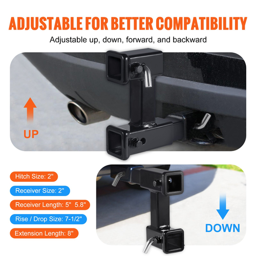 VEVOR Dual Hitch Extension, για 2&quot; Trailer Hitch Receiver, Hitch Adapter Extender σε 10&quot; Max Ρυθμιζόμενο μήκος, 7-1/2&quot; Rise/Drop, 4000 lbs ικανότητα ρυμούλκησης, καρφίτσες κοτσαδόρου, κιτ μπουλονιών και παξιμαδιών περιλαμβάνονται, μαύρο