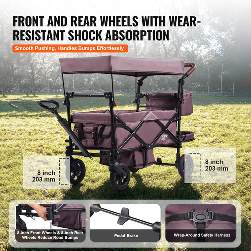 VEVOR Wagon καροτσάκι Push Pull Quad Πτυσσόμενο για 2 παιδιά με σκούρο μωβ κουβούκλιο