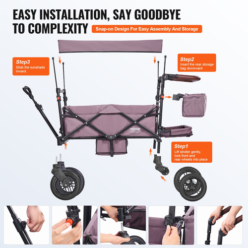 VEVOR Wagon καροτσάκι Push Pull Quad Πτυσσόμενο για 2 παιδιά με σκούρο μωβ κουβούκλιο
