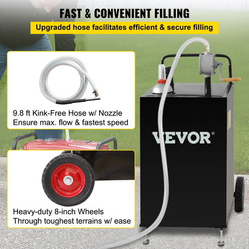 VEVOR 30 Gallon Caddy, Δεξαμενή αποθήκευσης καυσίμου με ρόδες, φορητό δοχείο καυσίμου με αντλία μεταφοράς Manuel, δοχείο καυσίμου βενζίνης ντίζελ για αυτοκίνητα, χορτοκοπτικά, ATV, σκάφη, Περισσότερα, Μαύρο