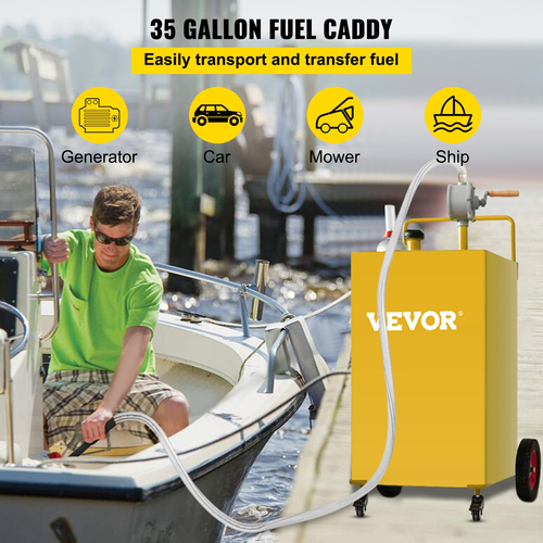 VEVOR Fuel Caddy, 35 Gallon, Δεξαμενή αποθήκευσης αερίου σε 4 τροχούς, με Manuel Transfer Pump, Δοχείο καυσίμου βενζίνης ντίζελ για αυτοκίνητα, χορτοκοπτικά, ATV, σκάφη, Περισσότερα, κίτρινο