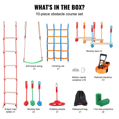 VEVOR Ninja Warrior Obstacle Course for Kids, 15,24 m Αδιάβροχα Slacklines, 500lbs Weight Capacity Monkey Line, Outdoor Playset Equipment, Backyard Toys Training Equipment with 10 Obstacles