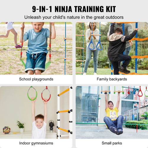 VEVOR 2x65 ft Ninja Warrior Obstacle Course Kids Outdoor Slackline 12 Obstacles