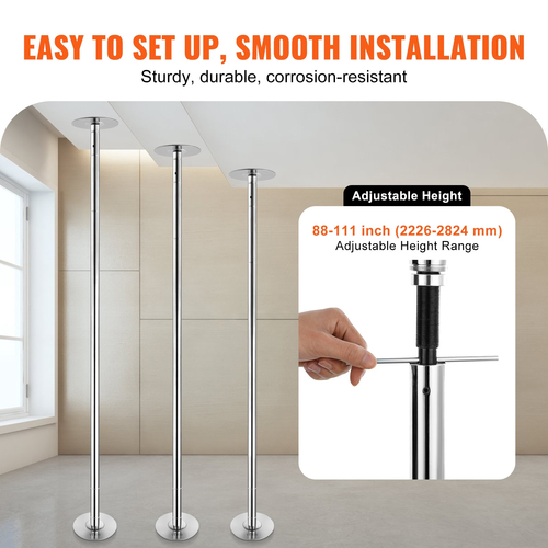 VEVOR Professional Dancing Pole, Spinning Static Dancing Pole Kit, Φορητό αφαιρούμενο κοντάρι, 45mm βαρέως τύπου κοντάρι από ανοξείδωτο ατσάλι, κοντάρι γυμναστικής με ρυθμιζόμενο ύψος, για γυμναστική στο σπίτι στο σπίτι, ασημί