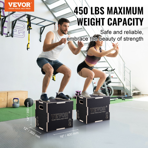 VEVOR 3 σε 1 Plyometric Jump Box, 16/14/12 Inch Wooden Plyo Box, Platform &amp; Jumping Agility Box, Anti-slip Fitness Exercise Step Up Box for Home Gym Training, Conditioning Strength Training, Μαύρο