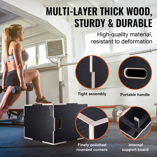 VEVOR 3 σε 1 Plyometric Jump Box, 30/24/20 Inch Wooden Plyo Box, Platform &amp; Jumping Agility Box, Anti-slip Fitness Step Up Box for Home Gym Training, Conditioning Strength Training, Μαύρο