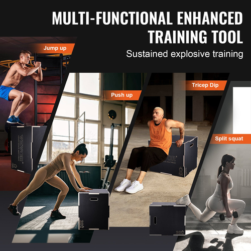 VEVOR 3 σε 1 Plyometric Jump Box, 30/24/20 Inch Wooden Plyo Box, Platform &amp; Jumping Agility Box, Anti-slip Fitness Step Up Box for Home Gym Training, Conditioning Strength Training, Μαύρο