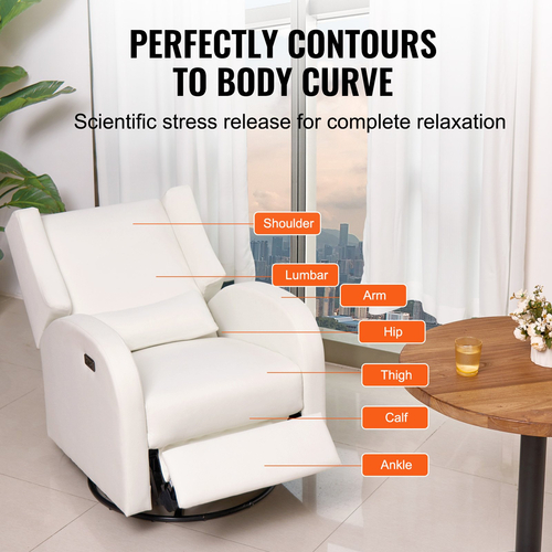 VEVOR Electronic Power Recliner and Swivel Glider, 250 lbs Weight Capacity Swivel Glider Recliner Chair με ρυθμιζόμενη γωνία, πολυεστερική επιφάνεια ανάκλιντρο για σαλόνι, υπνοδωμάτιο, υπόλευκο