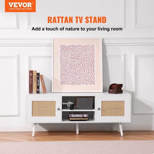 Βάση τηλεόρασης VEVOR Rattan, Ντουλάπι τηλεόρασης Boho για τηλεόραση 55 ιντσών, μοντέρνα βάση τηλεόρασης Mid Century, Κονσόλα τηλεόρασης Rattan με ρυθμιζόμενα ράφια για το σαλόνι, Media Room, Λευκό