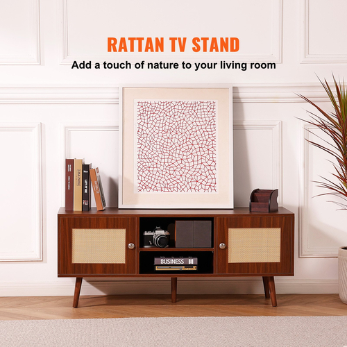 Βάση τηλεόρασης VEVOR Rattan, Ντουλάπι τηλεόρασης Boho για τηλεόραση 55 ιντσών, μοντέρνα βάση τηλεόρασης Mid Century, Κονσόλα τηλεόρασης Rattan με ρυθμιζόμενα ράφια για το σαλόνι, Media Room, Καρυδιά