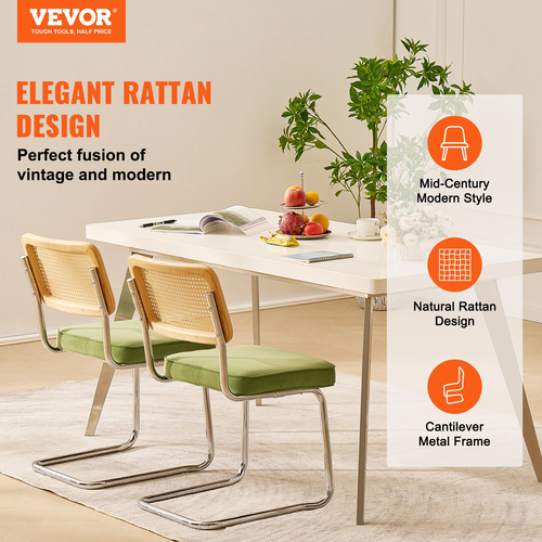 Καρέκλες VEVOR Rattan, Σετ 2, Μοντέρνα Καρέκλα Τραπεζαρίας Mid Century, Επενδυμένη Βελούδινη Καρέκλα Accent με Πλάτη Rattan, Ρετρό Καρέκλα Τραπεζαρίας Κουζίνας για Σαλόνι, Υπνοδωμάτιο, Αναγνωστήριο, Γραφείο, Πράσινο