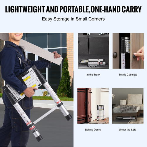 VEVOR Telescoping Extension Ladder 8.5FT Retraction One-button 375 LBS Capacity