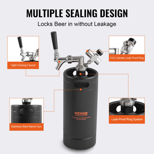 VEVOR Pressurized Growler Mini Beer Keg Draft Beer Growler Home 128Oz 4L Μαύρο