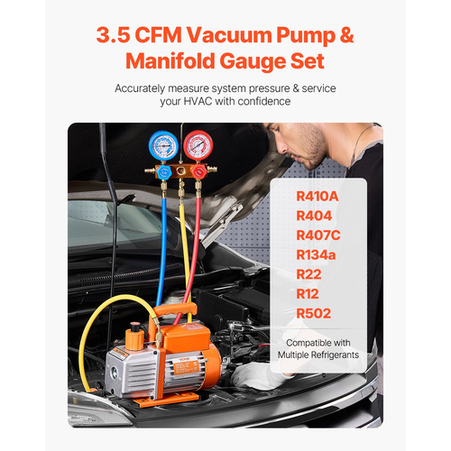 VEVOR 3.5 CFM HVAC Μονοβάθμιο Περιστροφικό πτερύγιο αντλίας κενού και κιτ μετρητή πολλαπλής