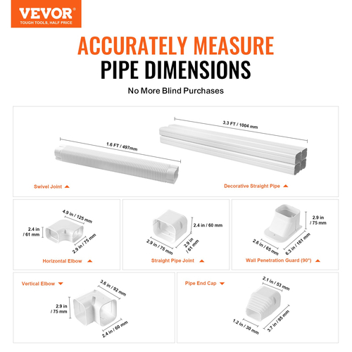 VEVOR Mini Split Line Set Cover 76,2mm W 4830mm L, PVC Διακοσμητικό κάλυμμα γραμμής σωλήνων για κλιματιστικό με 4 ευθείες αγωγούς &amp; πλήρη εξαρτήματα Εύκολη εγκατάσταση, Βάφεται για αντλίες θερμότητας, Λευκό