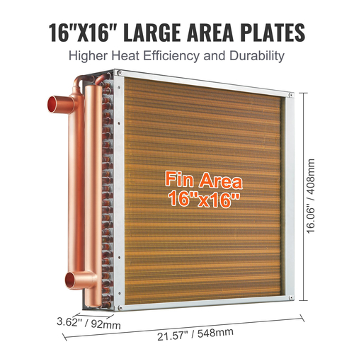 VEVOR 16&quot;x 16&quot; Εναλλάκτης θερμότητας Νερό σε Αέρα 3 σειρές 3/8&quot; Χάλκινες θύρες 193 πτερύγια