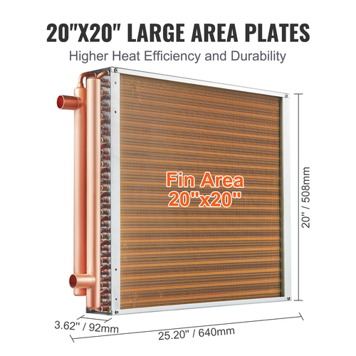 VEVOR 20&quot;x 20&quot; Εναλλάκτης θερμότητας Νερό σε Αέρα 3 σειρές 3/8&quot; Χάλκινες Θύρες 242 Πτερύγια