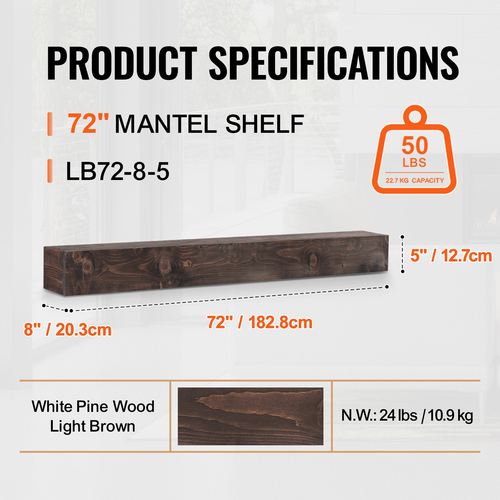 VEVOR Τζάκι Mantel Wood Shelf Floating Rustic Mantel Shelf 72&quot; Ανοιχτό καφέ