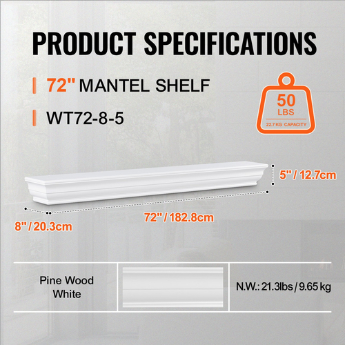 VEVOR Τζάκι Mantel Ξύλινο Ράφι Πλωτό Ράφι Σαλονιού 72&quot; Λευκό