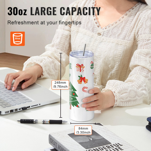 VEVOR 8 Pack Straight Sublimation Tumblers, 30 oz, Blank Tumbler Bulk, από ανοξείδωτο χάλυβα διπλού τοιχώματος ποτηράκια με άχυρο, καπάκι, βούρτσα, βάση, συρρικνωμένο περιτύλιγμα, κουτί δώρου, για πίεση θερμότητας και μεταφορά θερμότητας