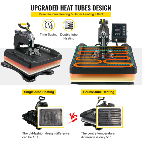 VEVOR Heat Press Machine 15 x 15 Inch 8 in 1 Heat Pressure 1000W Machine Sublimation 360° Rotation Swing Away Heat Press 8 in 1 Machine Printing Shirt Dual-Tube Heating for DIY T-shirts Cap κούπες (Μαύρο)