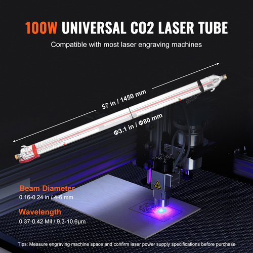 Σωλήνας λέιζερ VEVOR 100W CO2 57 in / 1450 mm Σωλήνας κοπής λέιζερ από βοριοπυριτικό γυαλί