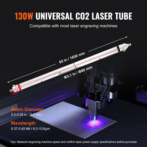 Σωλήνας λέιζερ VEVOR 130W CO2 65 in / 1650 mm Σωλήνας κοπής λέιζερ από βοριοπυριτικό γυαλί