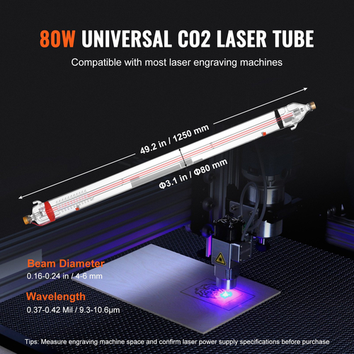Σωλήνας λέιζερ VEVOR 90W CO2 49,2 ιντσών / 1250 mm Σωλήνας κοπής λέιζερ από βοριοπυριτικό γυαλί