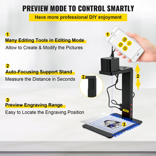 VEVOR Mini Laser Engraver Φορητή μηχανή χάραξης λέιζερ με βάση αυτόματης εστίασης