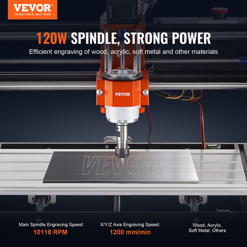 Μηχάνημα δρομολογητή VEVOR CNC, περιοχή εργασίας 300x200x72mm, μηχανή χάραξης 120W, 3 Axis GRBL Control Wood Engraving Carving Machine Milling Kit 1200RPM with Offline Controller για ξύλο, ακρυλικό, MDF, PVC, πλαστικό αφρό