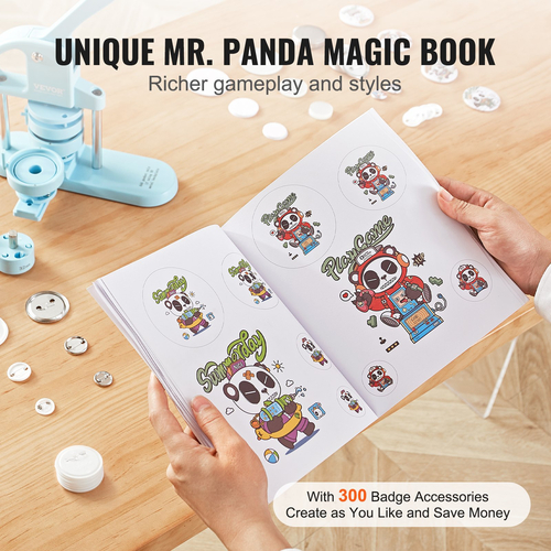 VEVOR Button Maker, 1/1,25/2,28 inch (25/32/58mm) 3-IN-1 Pin Maker, 300pcs Button Parts, Button Maker Machine with Panda Magic Book, Ergonomic Arc Handle Punch Press Kit, For Children DIY Gifts, Blue