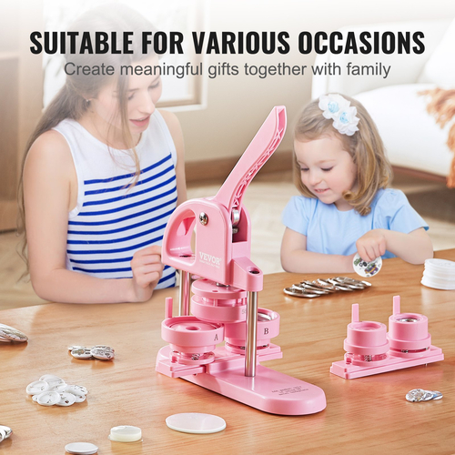 VEVOR Button Maker, 1/1,25/2,28 inch (25/32/58mm) 3-IN-1 Pin Maker, 300pcs Button Parts, Button Maker Machine with Panda Magic Book, Ergonomic Arc Handle Punch Press Kit, For Children DIY Gifts, Pink