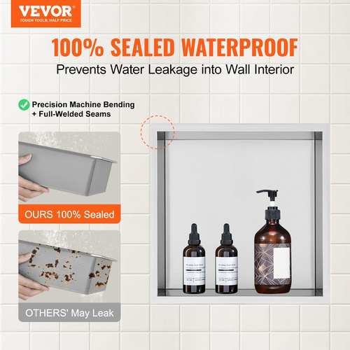 VEVOR 33,02 x 33,02 cm No Tile Shower Niche 304 Inox, Inserted Wall-Inserted Niche Double Ralfes, Σφραγισμένη αδιάβροχη ανθεκτική στη σκουριά, Μοντέρνα θέση για αποθήκευση σαπουνιού μπάνιου ντους, ασημί