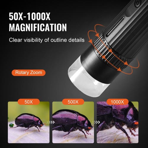 Ψηφιακό μικροσκόπιο VEVOR, μεγέθυνση 50X-1000X, Μικροσκόπιο κερμάτων φωτογραφιών/βίντεο 1080P, φορητό ηλεκτρονικό μικροσκόπιο με 8 φώτα LED, συμβατό με Windows/Mac OS/iOS/Android