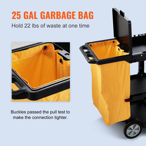 VEVOR Cleaning Cart, 3-ράφι Εμπορικό καλάθι φύλαξης, χωρητικότητας 200 lbs Πλαστικό καρότσι καθαρισμού, με τσάντα και κάλυμμα PVC 25 γαλονιών, 47&quot; x 20&quot; x 38,6&quot;, κίτρινο+μαύρο