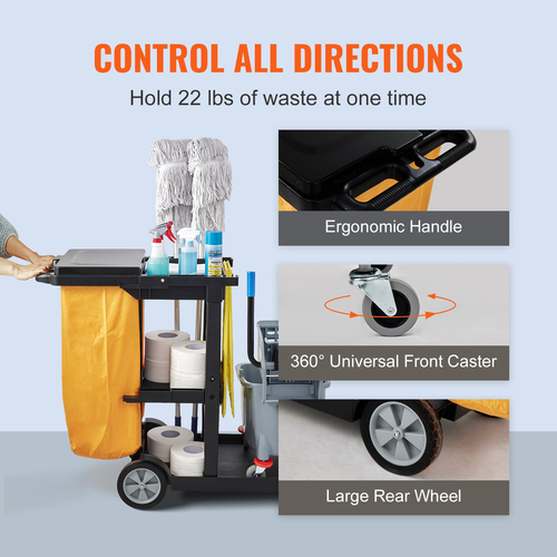 VEVOR Cleaning Cart, 3-ράφι Εμπορικό καλάθι φύλαξης, χωρητικότητας 200 lbs Πλαστικό καρότσι καθαρισμού, με τσάντα και κάλυμμα PVC 25 γαλονιών, 47&quot; x 20&quot; x 38,6&quot;, κίτρινο+μαύρο