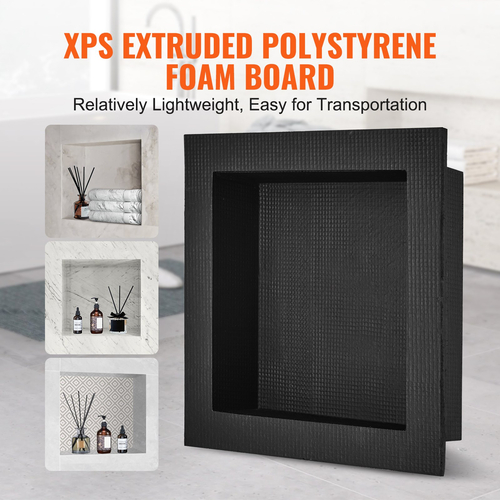 VEVOR ντουζιέρα έτοιμη για πλακάκια 40,64 x 40,64 εκ., μονή οργάνωση ραφιού, τετράγωνες γωνίες με εσοχή τοίχου, σφραγισμένη προστασία μοντέρνα θέση αποθήκευσης σαπουνιού για μπάνιο ντους, μαύρο
