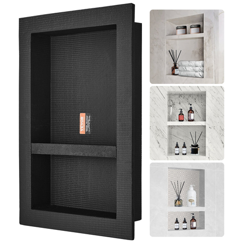 VEVOR ντουζιέρα έτοιμη για πλακάκια 40,64 x 60,96 εκ., Διπλό ράφι οργάνωσης, τετράγωνες γωνίες στον τοίχο εσοχή, σφραγισμένη προστασία μοντέρνα θέση αποθήκευσης σαπουνιού για μπάνιο ντους, μαύρο