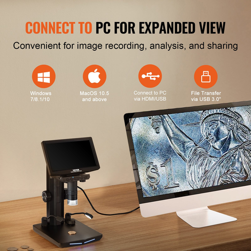 Ψηφιακό μικροσκόπιο VEVOR 7&quot; HDMI LCD για ενήλικες, Ηλεκτρονικό μικροσκόπιο συγκόλλησης 1200X με οθόνη IPS, 8 φώτα LED, 2 εύκαμπτα πλαϊνά φώτα, προβολή υπολογιστή, μικροσκόπιο κέρματος USB για Windows/MacOS/TV, 32 GB