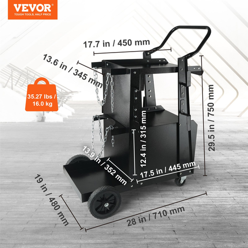 Καρότσι συγκόλλησης VEVOR, 2-επιπέδων καροτσάκι βαρέως τύπου με αντικλεπτικό ντουλάπι που κλειδώνει, χωρητικότητα βάρους 265 LBS, περιστρεφόμενοι τροχοί 360°, αλυσίδες ασφαλείας αποθήκευσης δεξαμενής, ντουλάπι συγκόλλησης για TIG, ARC, κόφτης πλάσματος
